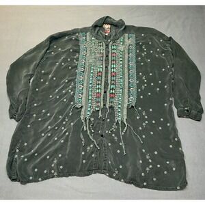 JOHNNY WAS Tunic Button Up Blouse Top Embroidered 3/4 Sleeve Green Small *read